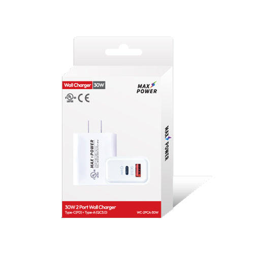 Max Power - 30W 2-Port Type-C(PD) TYPE-A (QC3.0) Wall Charger - Retail Pack